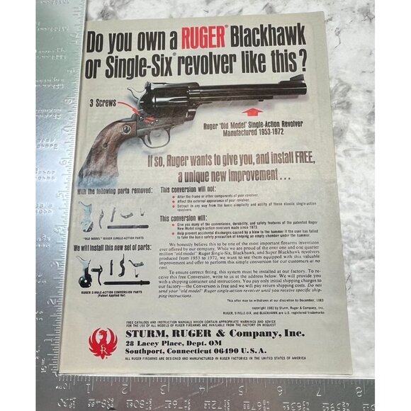 Sturm Ruger Co Blackhawk Revolver Print Ad Vintage 1982 Single Six Improvement - Picture 2 of 6